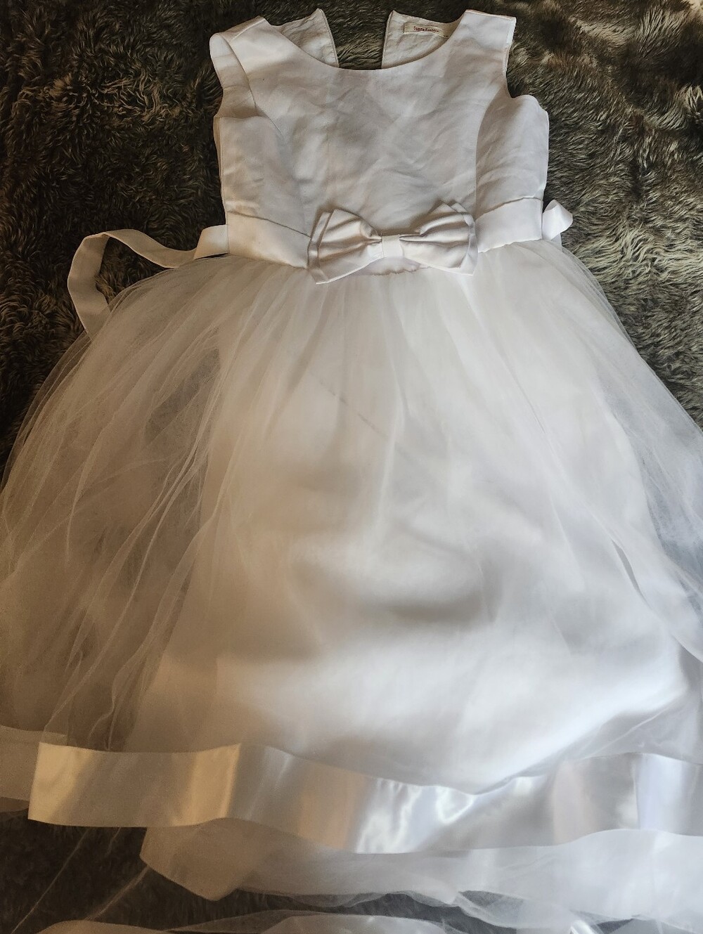 White Girls' Tulle Flower Girl/ First Communuion  Dress with Bow- Size 10